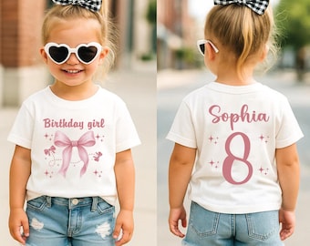 Personalized Birthday Girl Preppy Girls Shirt, Coquette Bow Bday Party Tee, Gift for Birthday Girl, Preppy Birthday Girlie Party T-Shirt