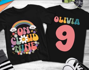On Cloud Nine Flower Birthday Shirt, 9th Birthday Girl Shirt, Happy 9th Birthday 9 Years Old, Toddler Kids Youth Birthday 9th Shirt
