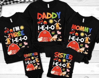 Three I E I O Birthday Shirt Farm 3rd Birthday Outfit Barn Animals Three IEIO Third Birthday Shirt Birthday Boy Threeieio Matching Family
