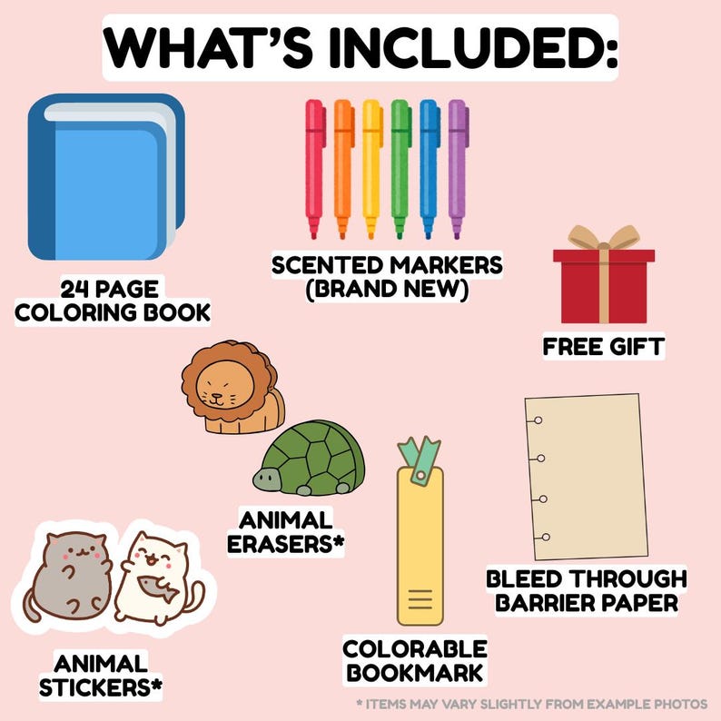 May include: A set of art supplies for kids, including a 24-page coloring book, scented markers, animal stickers, animal erasers, a colorable bookmark, and a free gift. The items are arranged on a pink background.