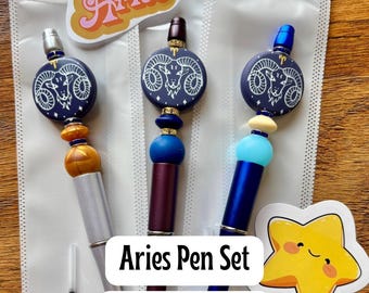 Aries Pen Set, Zodiac Gift for Her | Handmade Beaded Pens, Stickers, Free Gifts, FREE Shipping