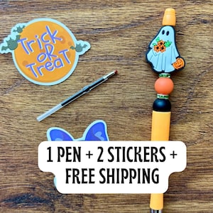Beaded Halloween Charm Pen – 1 Pen with Spooky Charm + Ink Refill + Stickers | Cute Writing Pen | Halloween Desk Decor | Kids Gift | Teacher
