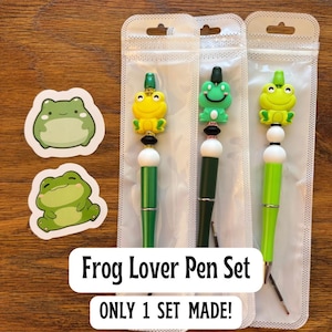 Frog Beaded Pen Set: Unique Stationery Gift with Frog Charm & Vinyl Stickers