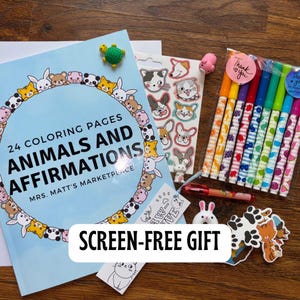 Kids Coloring Book Gift Set | Animals & Affirmations | Scented Markers + Stickers | Positive Affirmation Coloring Book | Screen-Free Gift image 1