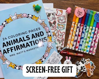Kids Coloring Book Gift Set | Animals & Affirmations | Scented Markers + Stickers | Positive Affirmation Coloring Book | Screen-Free Gift