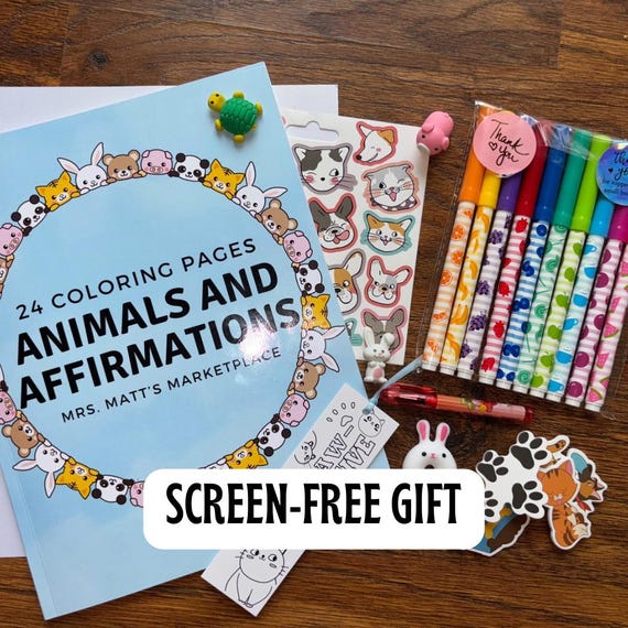Kids Coloring Book Gift Set | Animals & Affirmations | Scented Markers + Stickers | Positive Affirmation Coloring Book | Screen-Free Gift
