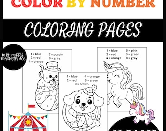 Color-by-Number Book: Circus Animals, Insects & Food (22 Pages Digital Download)