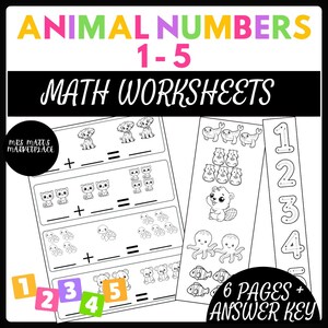 Animal Math Worksheets for Kids | Counting, Addition & Writing Numbers | Preschool + Kindergarten Math Printable | Early Learning Activities