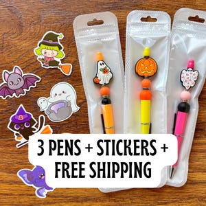 Beaded Halloween Charm Pen Set – 3 Pens with Spooky Charms + Ink Refills + Stickers + Free Gift | Cute Writing Set | Halloween Desk Decor