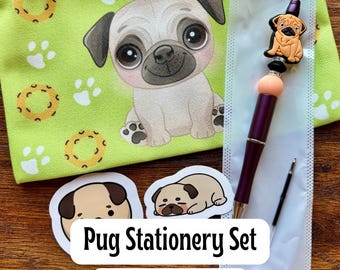 Pug Lover Stationery Gift Set | Beaded Pen with Stickers and Canvas Pouch | Cute Pug Pen Set Christmas Gift for Dog Lovers | Free Shipping
