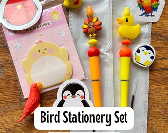 Bird Stationery Gift Set – Cute Beaded Pens, Ink Refills, Stickers & Erasers – Adorable Gift Idea, Stocking Stuffer, FREE Shipping
