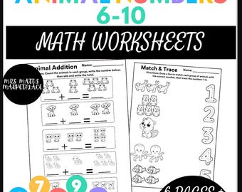 Animal Math Worksheets for Kids | Numbers 6–10 Printable | Counting, Tracing & Addition | Early Learning Math for Preschool + Kindergarten