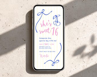 Sweet 16 Invitation Template | Pink and Blue Doodle Birthday for her | Editable Canva Invitation