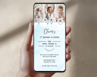 2nd Birthday Photo Invitation | Editable Birthday Boy Template | Blue Watercolor | Instant Download | 257