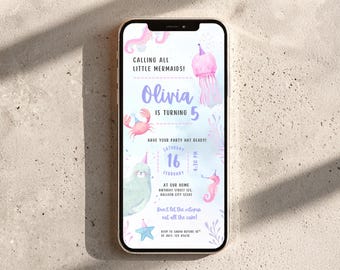 Sous le thème de la sirène d'invitation d'anniversaire de la mer | Invitation à une fête océan | Modèle de toile modifiable | Téléchargement instantané