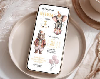 Editable Circus Birthday Invitation | Vintage Carnival Elephant & Bear Invite | Canva Template