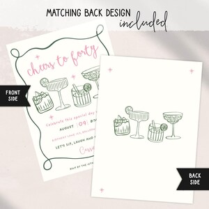 May include: White invitation cards with a green and pink design. The front side says "Cheers to forty" and features cocktail illustrations. The back side has matching cocktail illustrations. Text includes "Celebrate this special day" and "RSVP by the 15th."