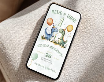 Dino Twins Birthday Invitation | Animated Dinosaur Canva Template | Instant Download