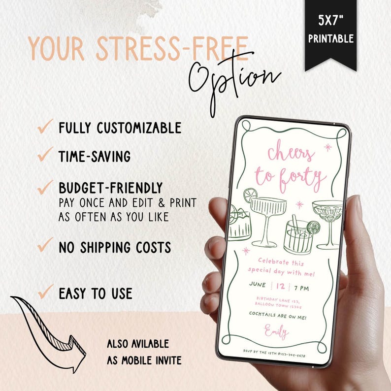 May include: A digital invitation for a 40th birthday party, displayed on a smartphone. The invitation features the text "cheers to forty" in pink, with cocktail illustrations. The design is fully customizable and budget-friendly.