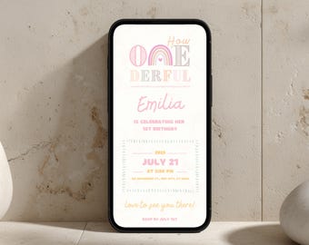 Pink Rainbow 1st Birthday Invitation | Editable Digital eCard | Canva Template