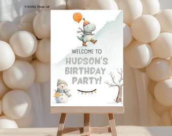 Ice Skating Dino Welcome Sign | Winter Dinosaur Birthday Welcome Poster | Editable Canva Template | B001
