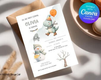 Dinosaur Ice Skating Birthday Invitation | Winter Dino Party 5x7 Printable | Canva Template | B001