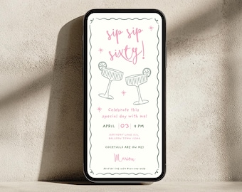 Sip Sip Sixty Birthday Invitation Template | Elegant 60th Cocktail Party Invite | Editable Canva Invitation