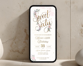 Sweet Sixty Birthday Invitation | Elegant 60th Gold Script Template | Editable Mobile Invitation | B003