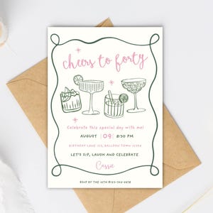May include: A cream-colored invitation with the text "cheers to forty" in pink script. The invitation features line drawings of cocktails and the text "Celebrate this special day with me!" and event details. An envelope is in the background.