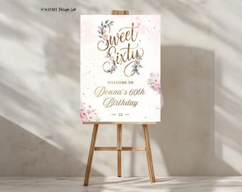 Floral Sweet Sixty Birthday Welcome Sign | Golden Script Canva Template | B003