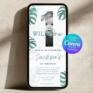 Convite de aniversário Wild One com foto | Convite de 1º aniversário para menino ou menina | Modelo de folha tropical Canva | Download digital editável | 228