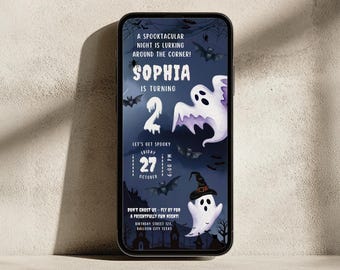 Halloween Ghost Birthday Invitation | Spooky Mobile Phone Invite for Kids | Editable Canva Template
