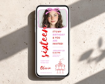 Teen Birthday Invitation for Girls | Pink Bow Party Template with Photo | Digital Download