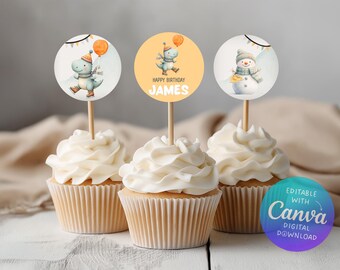Ice Skating Dino Cake Toppers | Winter Party Circles Printable | Editable Canva Template | B001