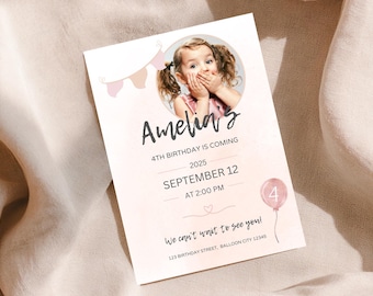 Pink Birthday Invitation with Photo | Girls 5x7 Printable Canva Template | Instant Download