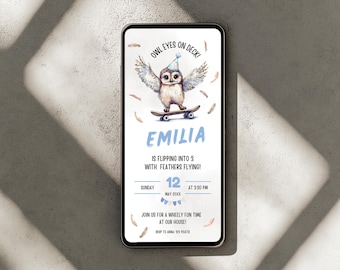 Skater Owl Birthday Invitation | Editable Canva Mobile Template | Digital Download