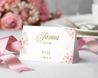Sweet Sixty Birthday Place Cards | Floral Pink Table Name Cards | Editable Canva Template | B003