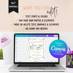 May include: A laptop displays a digital invitation with the text "Cheers to Forty" and cocktail illustrations. The invitation is editable with Canva and is a digital download. The image also includes text that says "5x7 Printable".