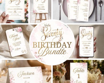 Floral 70th Birthday Party Bundle | Editable Canva Templates | Digital Download | B004