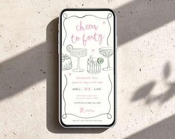 Plantilla de invitación para celebrar los cuarenta / Invitación a un cóctel por los 40 / Invitación editable en Canva