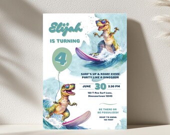 Surfing Dino Birthday Invitation | T-Rex Pool Party 5x7 Printable | Digital Download