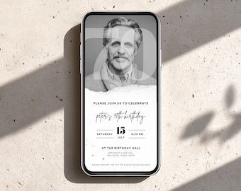 70th Birthday Invitation with Photo | Black and White Digital Canva Template | Instant Download