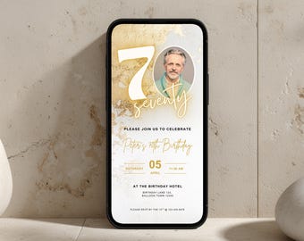 70th Birthday Invitation with Photo | Elegant Gold Canva Invitation | Instant Digital Download