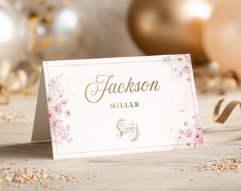 Floral 70th Birthday Place Cards | Pink Table Name Cards | Editable Canva Template | B004