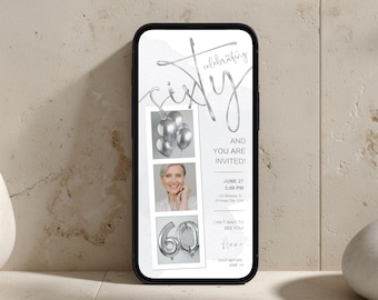 Elegant Silver 60th Birthday Invitation with Photo | Editable Canva Template | 034