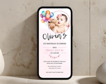 Girls Birthday Invitation with Photo | Pink Balloon Mobile Invite | Any Age Editable Canva Template