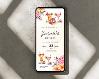 Tropical Cocktail Birthday Invitation | Editable Canva Template with Flowers | Digital Download
