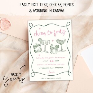 May include: A party invitation with the text "cheers to forty" in pink script. The invitation features line drawings of cocktails and the text "Celebrate this special day with me!" and "Make it yours".
