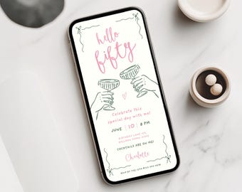 Hello Fifty Birthday Invitation Template | 50th Cocktail Party Invite | Editable Canva Invitation