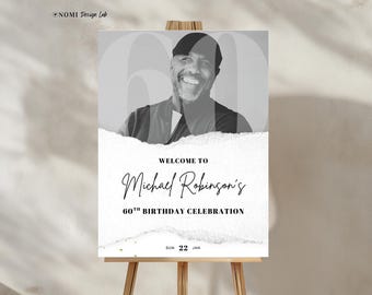 Letrero de bienvenida para 60 cumpleaños / Elegante plantilla de lienzo en blanco y negro / B002